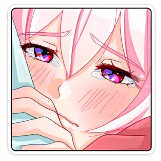 😔 anime, khóc, buồn, tóc hồng, nước mắt, manga, kawaii telegram sticker