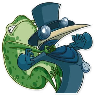 🐸 rana, medico della peste, maschera, uccello, cilindro, cartone animato, personaggio, animale whatsapp sticker