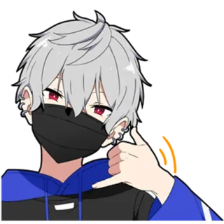 🎩 anime boy, mask, call me hand gesture, grey hair, earring, sticker, kawaii telegram sticker