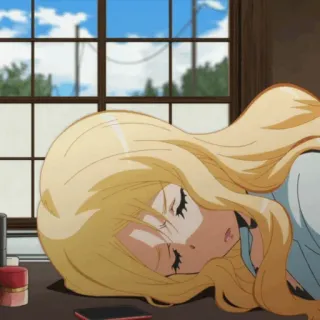 🌙 anime, dziewczyna, blondynka, śpiąca, biurko, zmęczona telegram sticker