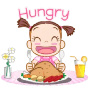 😋 Hungry comida, chica, dibujos animados, hambriento, pavo, comida, cena whatsapp sticker