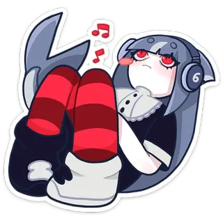 😟 anime girl, shark, red eyes, headphones, music, cartoon, cute, chibi telegram sticker