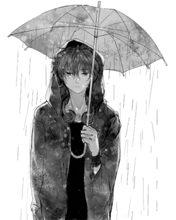 😔 Anime jongen, Paraplu, Regen, Hoodie, Koptelefoon, Zwart wit, Verdrietig, Eenzaam whatsapp sticker