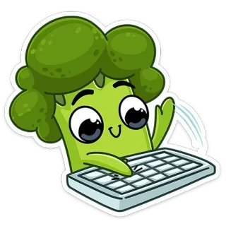 ☺️ brócolis, digitando, teclado, legume, desenho animado, fofo whatsapp sticker