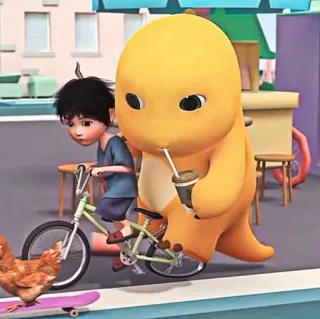 🧽 desenho animado, dinossauro, menino, bicicleta, rua telegram sticker