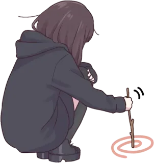 😞 девушка, на корточках, рисунок, аниме, толстовка, палка, круг telegram sticker
