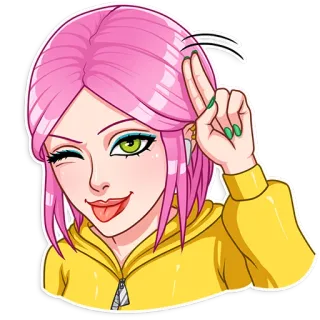👋 girl, cartoon, woman, wink, fun, pink hair, cute telegram sticker