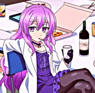 🦠 Anime, Mädchen, lila Haare, sitzend, Getränk, Essen, süß telegram sticker