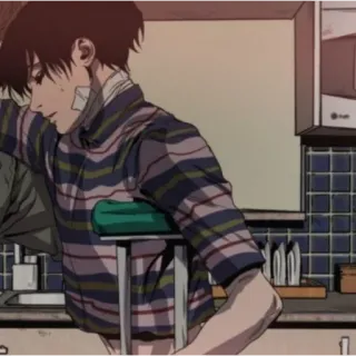 🍄 animé, homme, blessé, béquilles, cuisine, triste telegram sticker