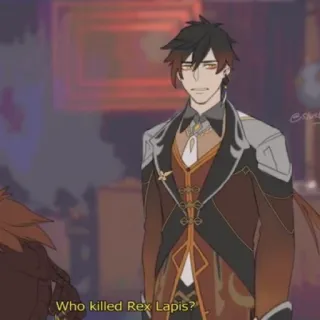 🤔 Zhongli Genshin Impact Who killed Rex Lapis? Genshin Impact, Чжун Ли, Рекс Ляпис, Аниме, Видеоигра telegram sticker