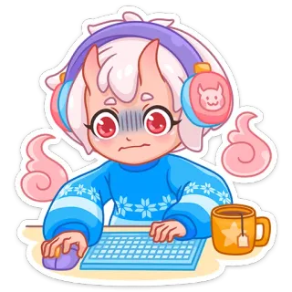 💻 Anime, Fille démon, Gamer, Nerveux/Nerveuse, Ordinateur, Dessin animé, Mignon/Mignonne, Art numérique whatsapp sticker