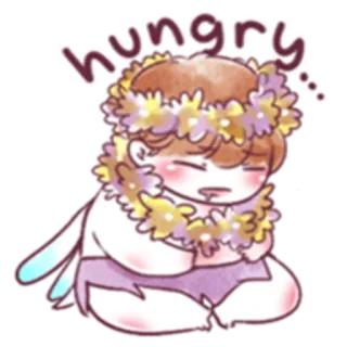 😣 hungry faminto, kawaii, fada, desenho animado, fofo, coroa de flores telegram sticker