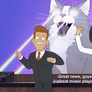 😍 Great news, guys [upbeat music playing] cartone animato, gatto, laser, arcobaleno, notizie, completo telegram sticker