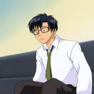 😥 Anime, Mann, Brille, Krawatte, Sitzend, Cartoon telegram sticker