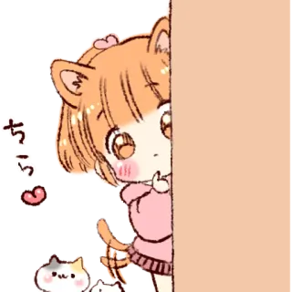 👀 ちら fille anime, oreilles de chat, mignon, kawaii, regardant, illustration, dessin animé telegram sticker