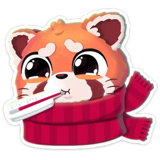 🤒 Panda rojo, Enfermo, Termómetro, Bufanda, Lindo, Animal, Enfermedad, Dibujos animados telegram sticker