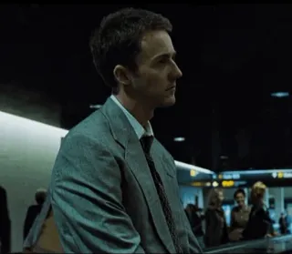 👊 Edward Norton Fight Club fight club, edward norton, filmszene, grauer anzug, flughafen telegram sticker
