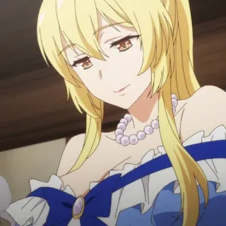 🥰 anime, blonde hair, woman, blue dress, pearl necklace telegram sticker