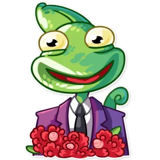 💐 chameleon, cartoon, flowers, suit, cute, animal, lizard telegram sticker