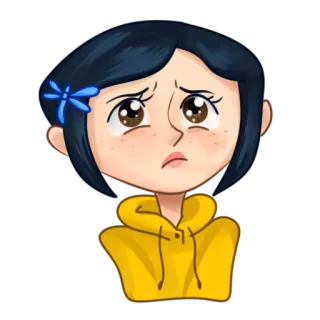 🥺 Coraline Coraline, การ์ตูน, สติกเกอร์, ภาพยนตร์, ตัวละคร, เสื้อฮู้ดสีเหลือง, เศร้า, อนิเมชั่น telegram sticker