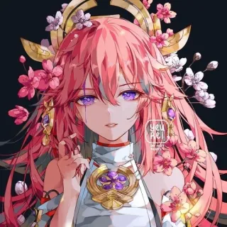 🌼 Yae Miko Genshin Impact yeu kei DO NOT REPOST 动漫, 电子游戏, 八重神子, 原神, 粉色头发, 花, 同人作品 telegram sticker