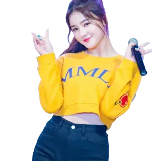 ✌️ AML donna, giallo, Kpop, cantante, top corto, persona, femmina, pace telegram sticker
