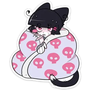 🤒 gatto, malato, termometro, teschio, coperta, kawaii, stile anime, malattia, cartone animato whatsapp sticker