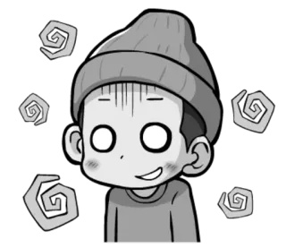 😳 Dibujo animado, Personaje, Emoción, Mareado, Espiral, Sombrero, Escala de grises telegram sticker