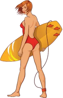 🏄‍♀ femme, surf, planche de surf, plage, été, maillot de bain rouge, dessin animé telegram sticker