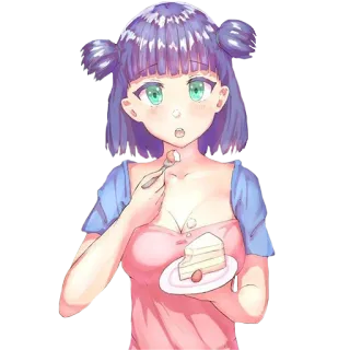 🥳 อนิเมะผู้หญิง, กิน, เค้ก, ของหวาน, ผมสีม่วง, น่ารัก telegram sticker