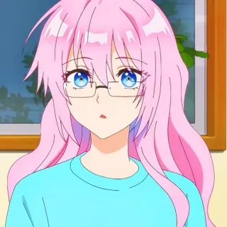 🙂 fille anime, cheveux roses, yeux bleus, lunettes, mignon, dessin animé telegram sticker