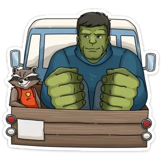 🙂 Hulk marvel, hulk, rocket raccoon, camion, dessin animé, super-héros, bande dessinée telegram sticker