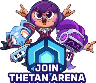 🎮 Thetan Arena JOIN THETAN ARENA Thetan Arena, วิดีโอเกม, เกม, ตัวละคร, หูฟัง, หุ่นยนต์, สีม่วง telegram sticker