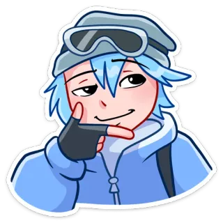 😏 Cartoon, Figur, blaue Haare, Schutzbrille, Winterkleidung telegram sticker