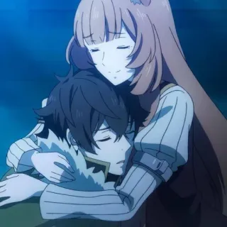 ❤️ Naofumi Iwatani, Raphtalia The Rising of the Shield Hero アニメ, ハグ, 友情, 癒し, ファンタジー telegram sticker