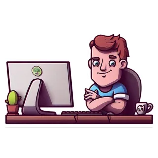 ☕ #1 computador, programador, homem, desenho animado, escrivaninha, trabalho, escritório, cacto telegram sticker