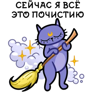 🧹 cat, cleaning, broom, stars, cute, moon, cartoon telegram sticker