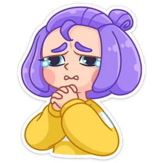 😥 Cartone animato, Ragazza, Piangente, Emozionale, Capelli viola, Adesivo telegram sticker
