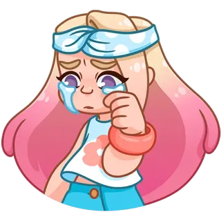 😭 Kreskówka, Płacz, Smutny, Dziewczyna, Emocjonalny, Łzy, Naklejka, Różowe włosy telegram sticker