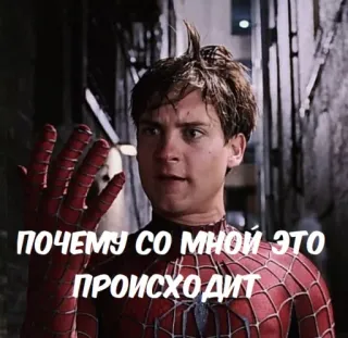 😱 Spider-Man ПОЧЕМУ СО МНОЙ ЭТО ПРОИСХОДИТ spider-man, tobey maguire, meme, sad, marvel telegram sticker