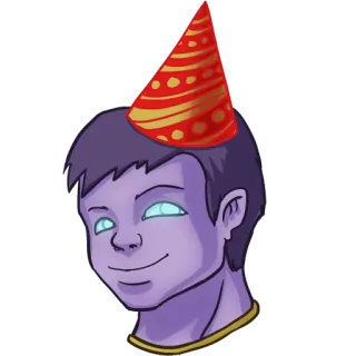 🎉 fête, célébration, anniversaire, chapeau, dessin animé, peau violette, sourire whatsapp sticker