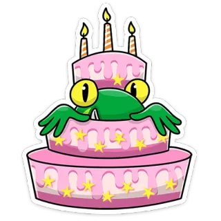 🎂 kikker, taart, verjaardag, dessert, kaarsen, dier, cartoon, feest telegram sticker