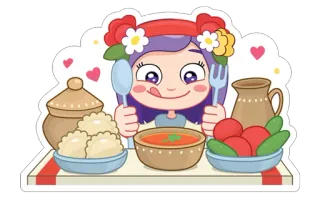 🍲 comida, chica, corazones, dibujos animados, platos whatsapp sticker