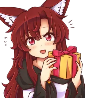 🎁 anime meisje, vossenoren, cadeau, cartoon, schattig, illustratie telegram sticker