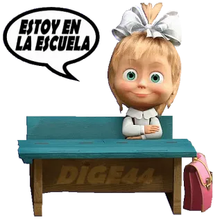 🧮 Masha Masha and the Bear ESTOY EN LA ESCUELA escuela, niña, dibujo animado, sentado, banco, mochila telegram sticker
