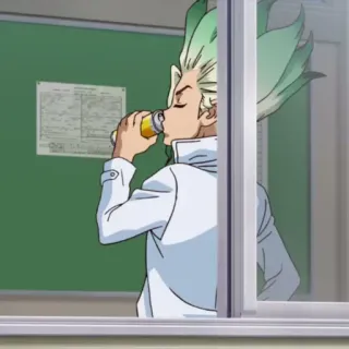 🔬 Ishigami Senku Dr. Stone Аниме, Наука, Зеленые волосы, Пьёт, Лабораторный халат whatsapp sticker