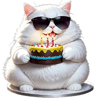 🥳 mèo, sinh nhật, bánh kem, kính râm, lễ kỷ niệm, dễ thương, động vật, tiệc telegram sticker