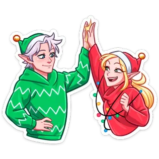 👋 elfen, kerst, vakantie, high five, cartoon, feestelijk, winter, vrienden telegram sticker