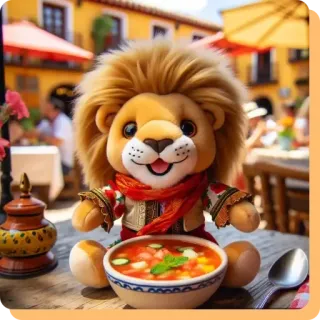 💝 lew, pluszak, zupa, gazpacho, jedzenie, posiłek, restauracja, uroczy whatsapp sticker