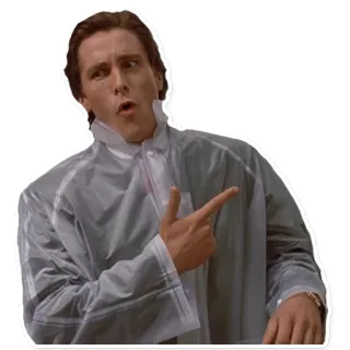 😉 Patrick Bateman American Psycho filme, homem, apontando, capa de chuva transparente telegram sticker